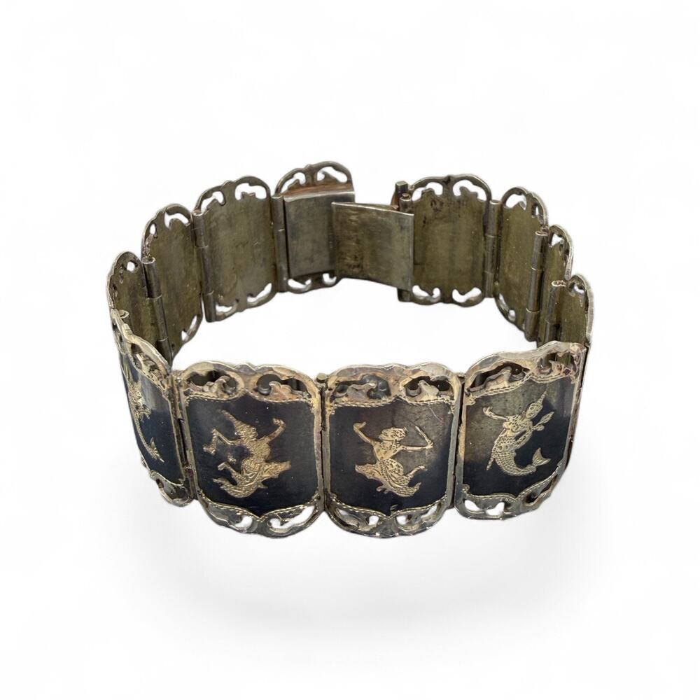 Siam Sterling 925 Nielloware Bracelet Thai Dancer Goddess Panel Link 1940s